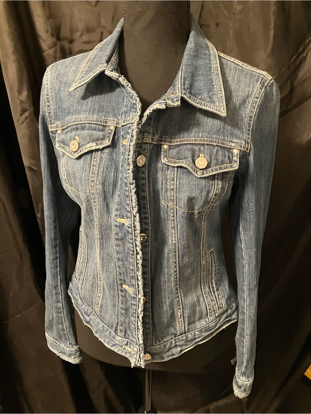 White House Black Market Blue Size Denim Jacket faux diamond studs Size 8